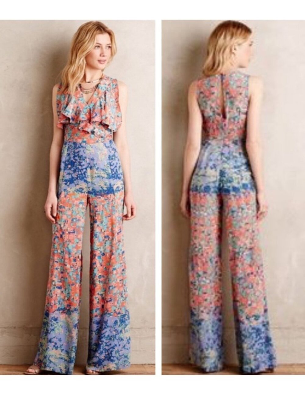 Tracy Reese Anthropologie 100 % Silk Manarola Jumpsuit Size 0 Petite Wide Leg